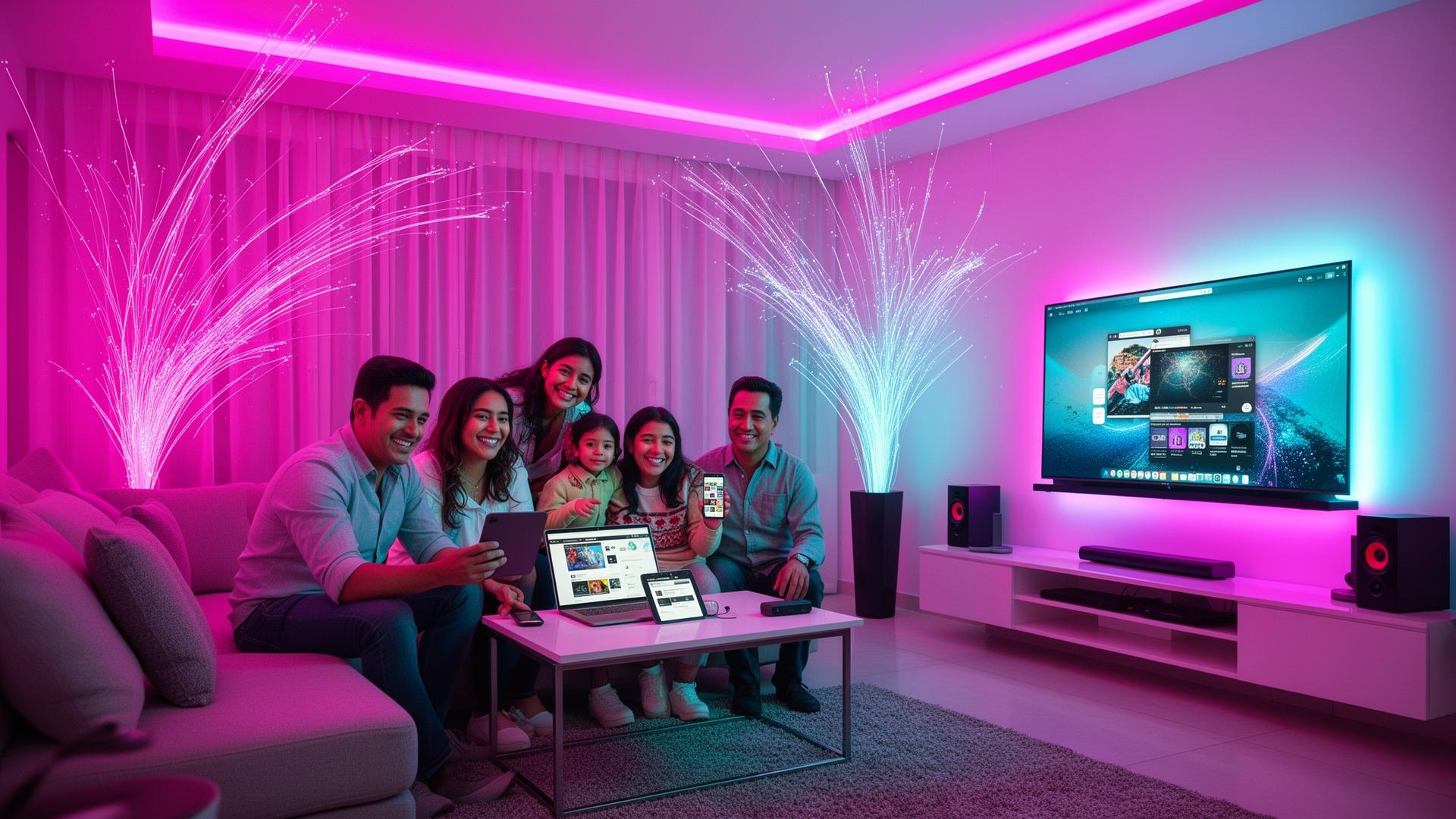 Familia disfrutando de internet y TV digital en casa